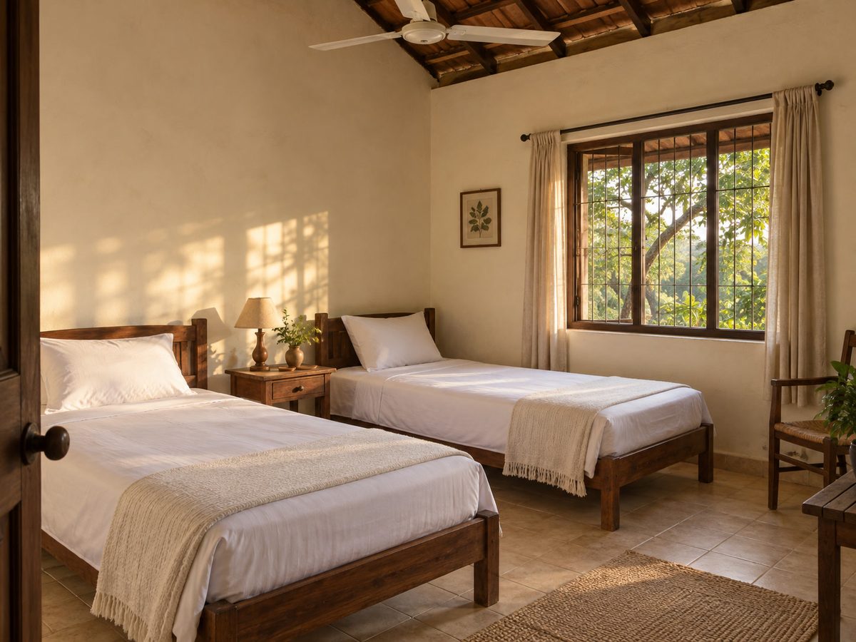 Simple guest-house bedroom with two beds, tiled floor and a window onto a dry-zone garden