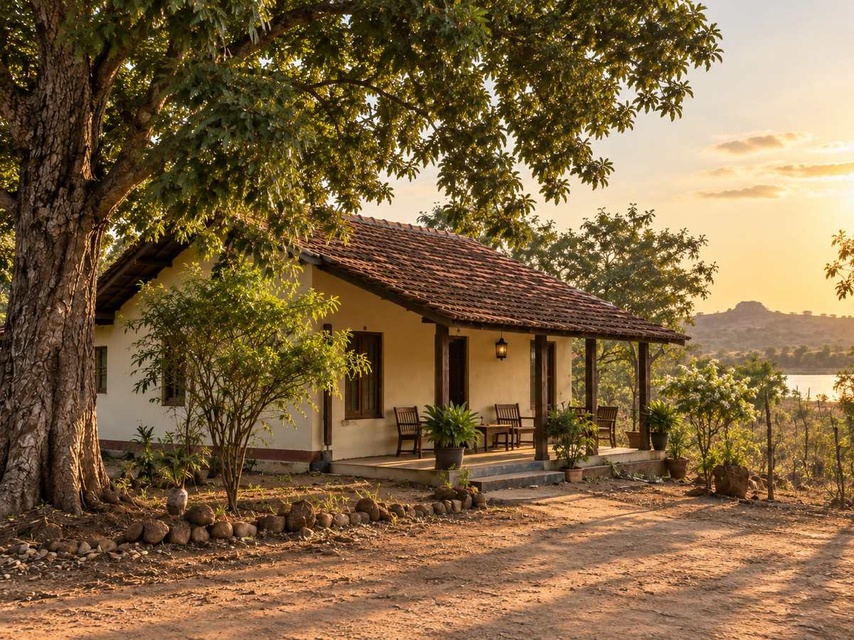 Modest single-storey guest house on a dry-zone roadside, kumbuk shade, late-afternoon gold