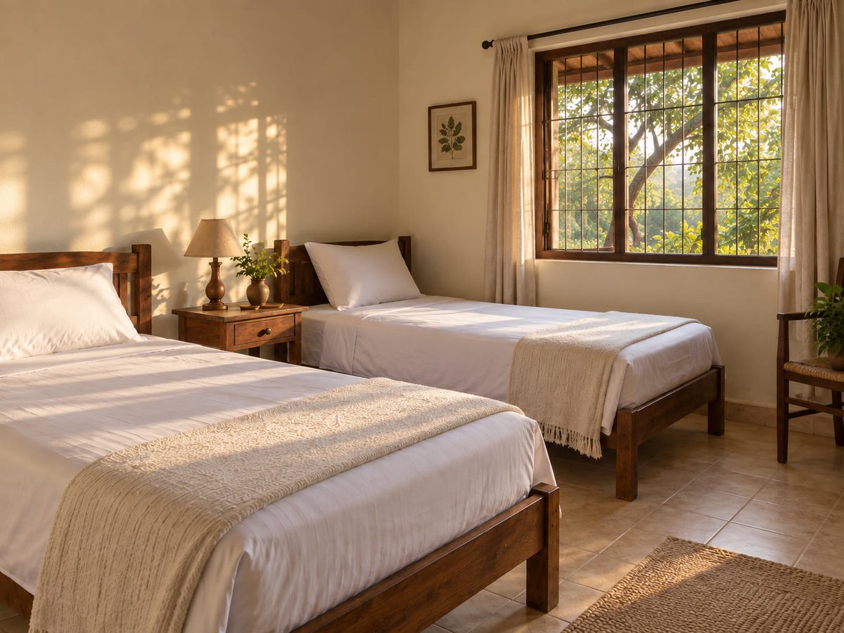 Simple twin bedroom with white sheets, tiled floor and a ceiling fan, afternoon light