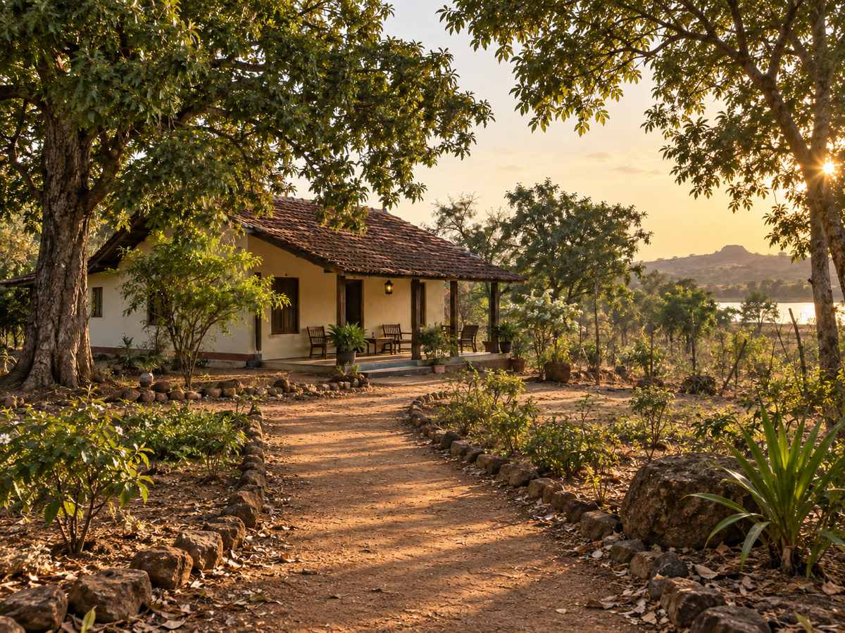 Garden path of laterite soil toward a terrace, kumbuk and palu trees, no people