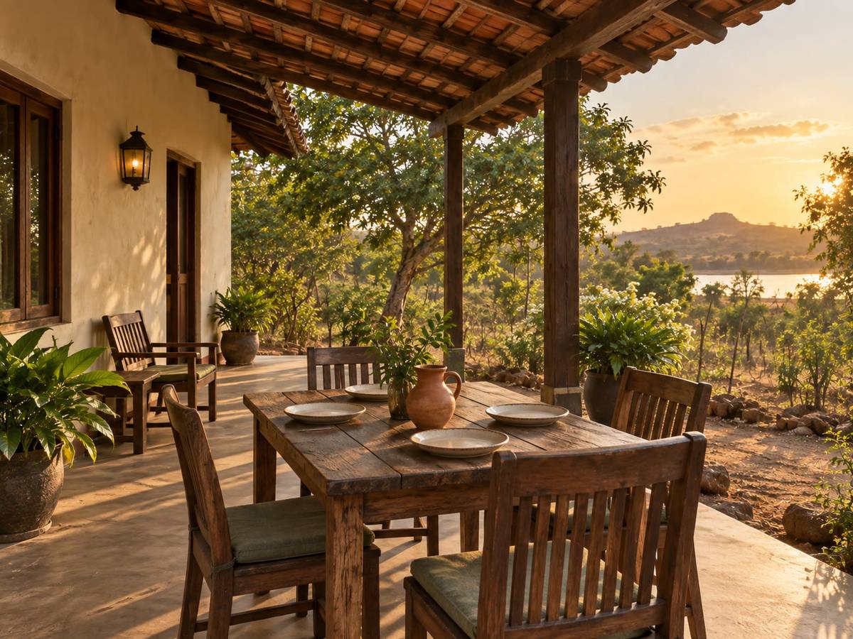 Outdoor dining table under a thatch or clay-tile shade, empty plates, dry-zone garden