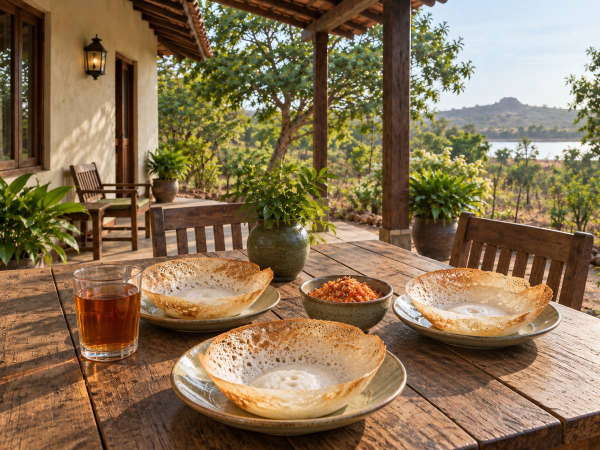 Breakfast of hoppers, pol sambol and tea on a terrace table in Buttala morning light