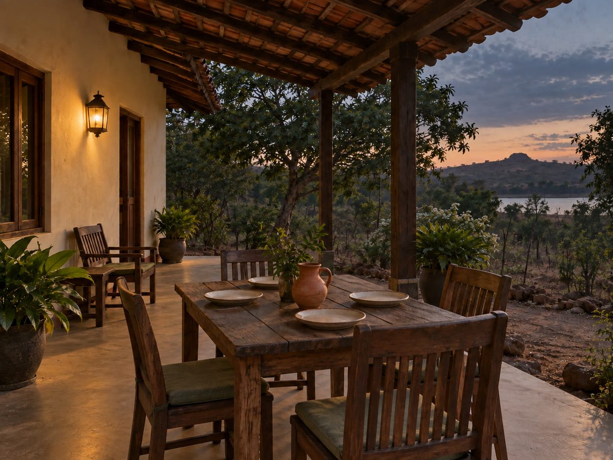 Evening terrace: one lamp lit, dry-zone hills turning brown-green, no signage